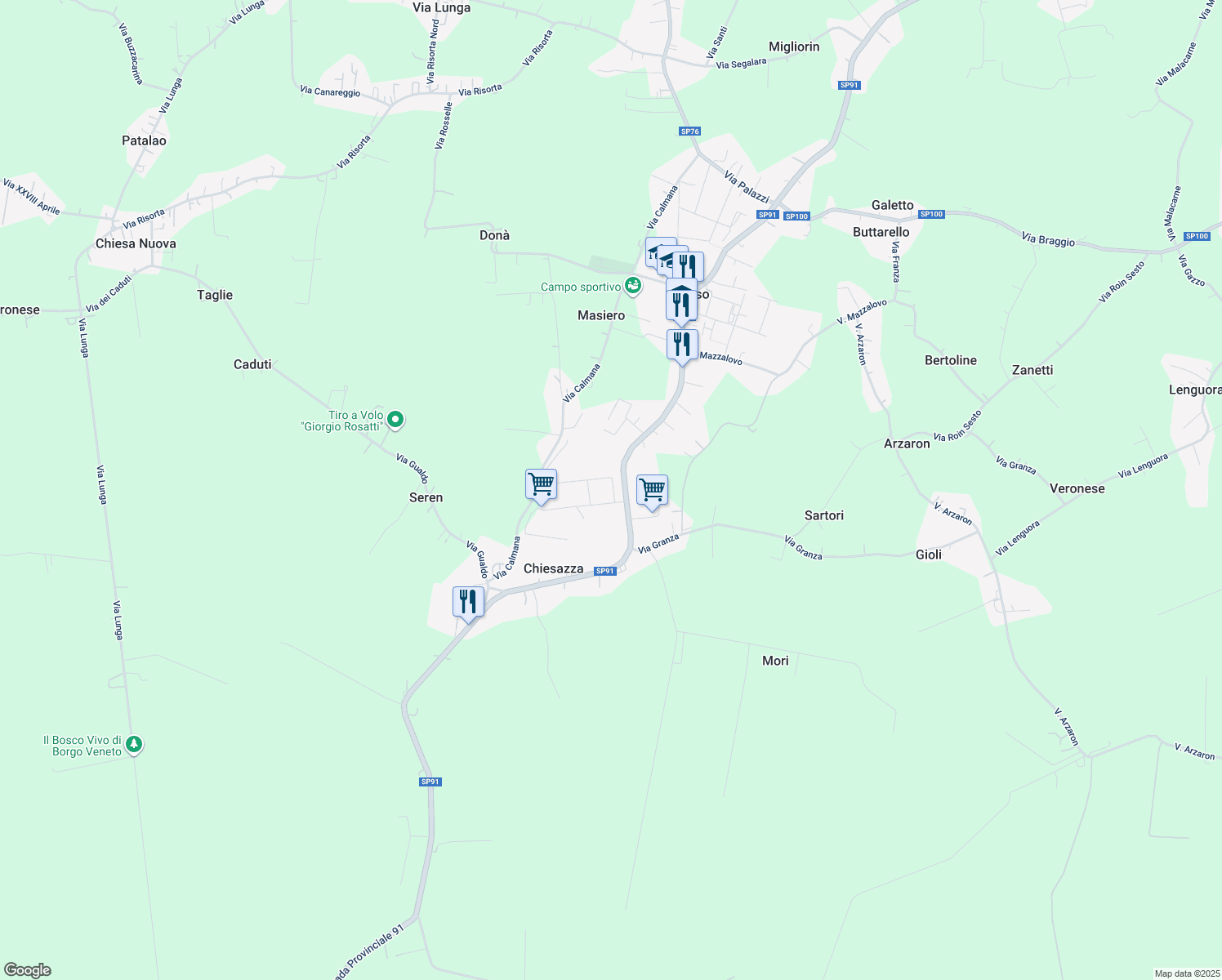 map of restaurants, bars, coffee shops, grocery stores, and more near 191 Via Vittorio in Ponso