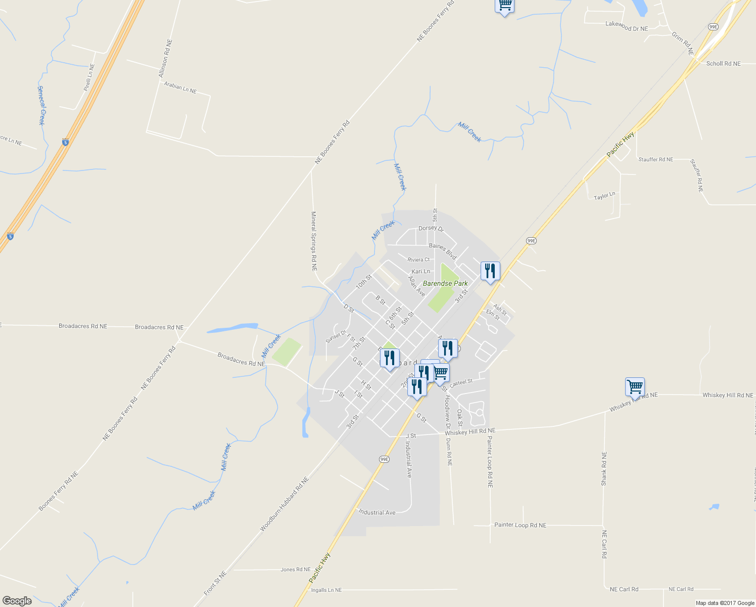 map of restaurants, bars, coffee shops, grocery stores, and more near 2296 B Street in Hubbard