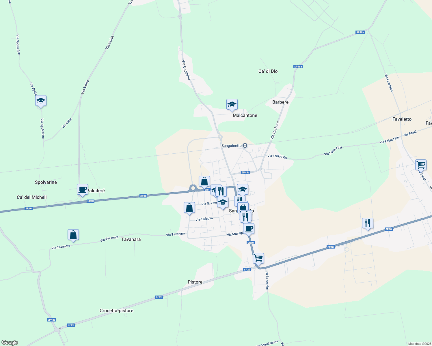map of restaurants, bars, coffee shops, grocery stores, and more near 26 Piazza I Maggio in Sanguinetto