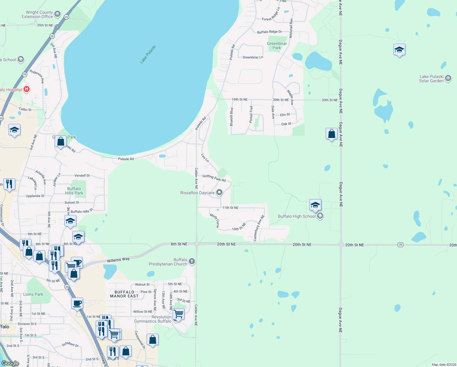 map of restaurants, bars, coffee shops, grocery stores, and more near 1121 Bluebill Boulevard in Buffalo