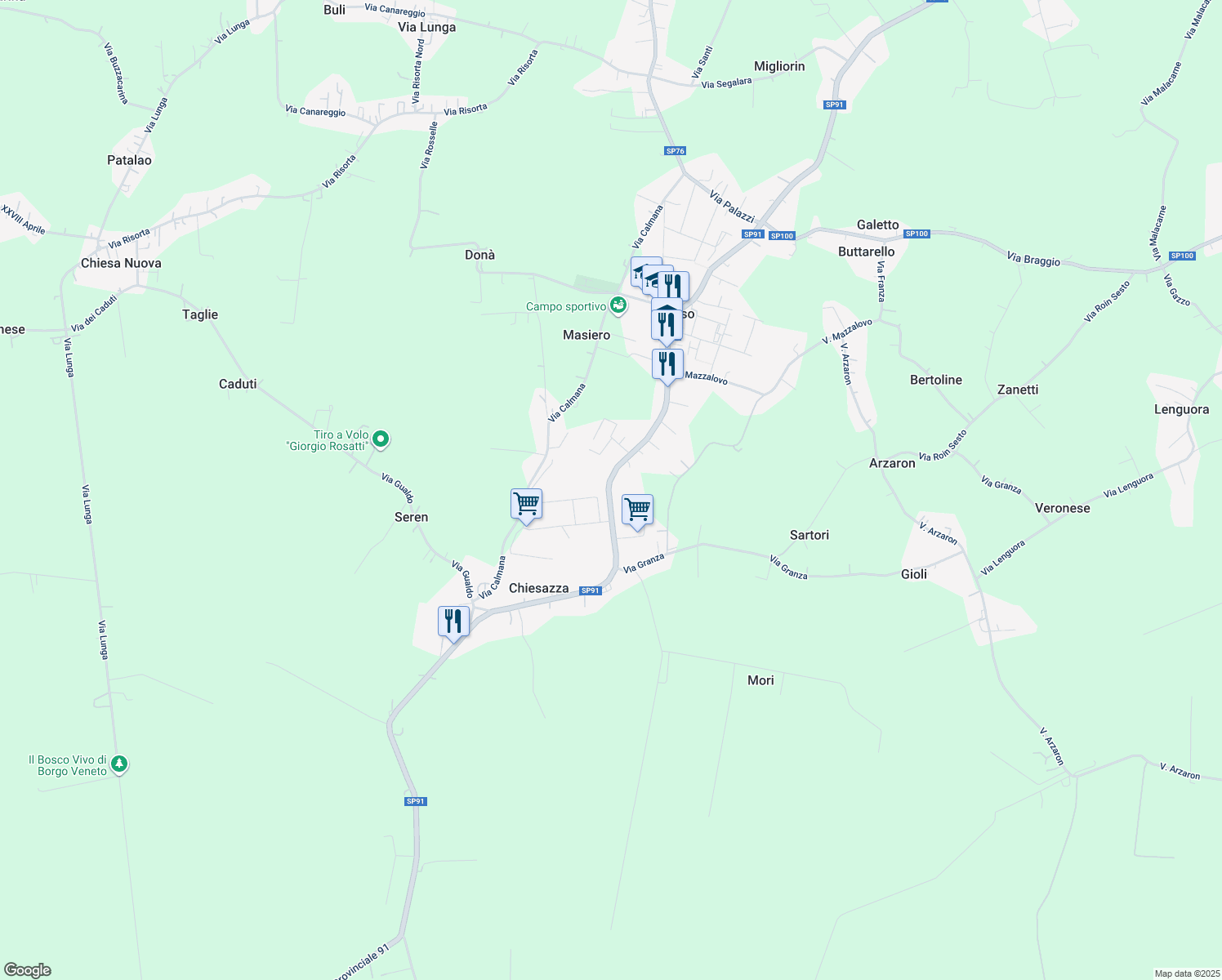 map of restaurants, bars, coffee shops, grocery stores, and more near 191 Via Vittorio in Ponso