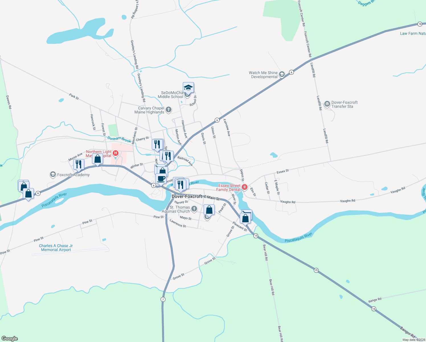map of restaurants, bars, coffee shops, grocery stores, and more near 102 Lincoln Street in Dover-Foxcroft