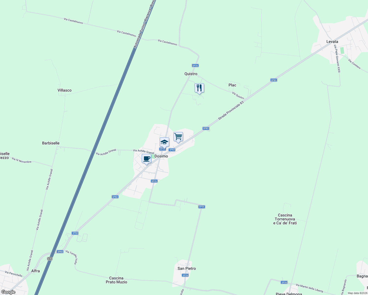 map of restaurants, bars, coffee shops, grocery stores, and more near 32 Via B. Ferrari in Provincia di Cremona