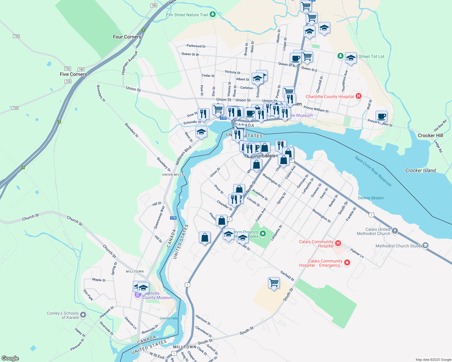 map of restaurants, bars, coffee shops, grocery stores, and more near 15 Carver Street in Calais