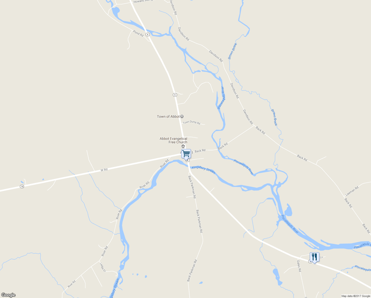 map of restaurants, bars, coffee shops, grocery stores, and more near 121 Main Road in Abbot