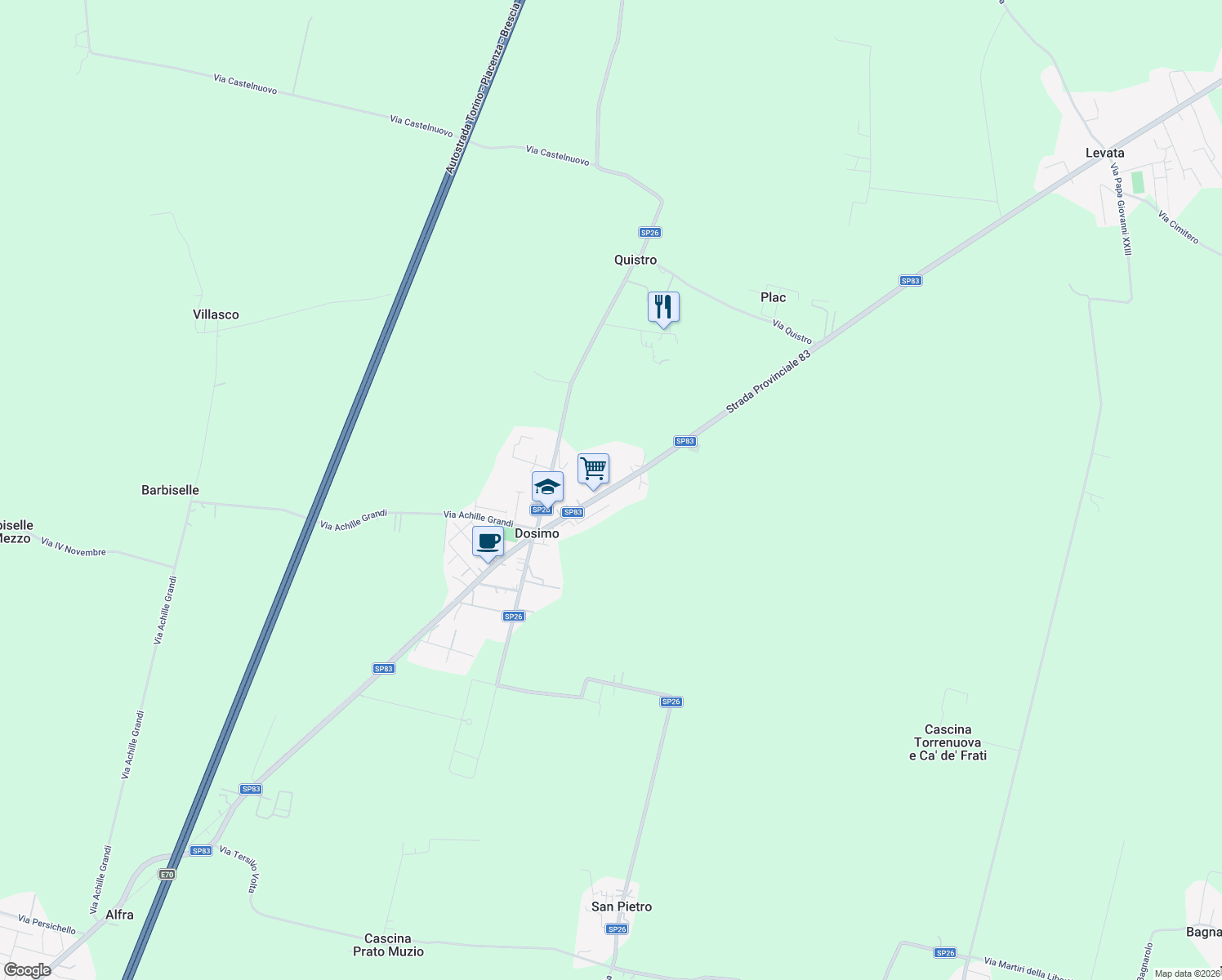map of restaurants, bars, coffee shops, grocery stores, and more near 32 Via B. Ferrari in Provincia di Cremona