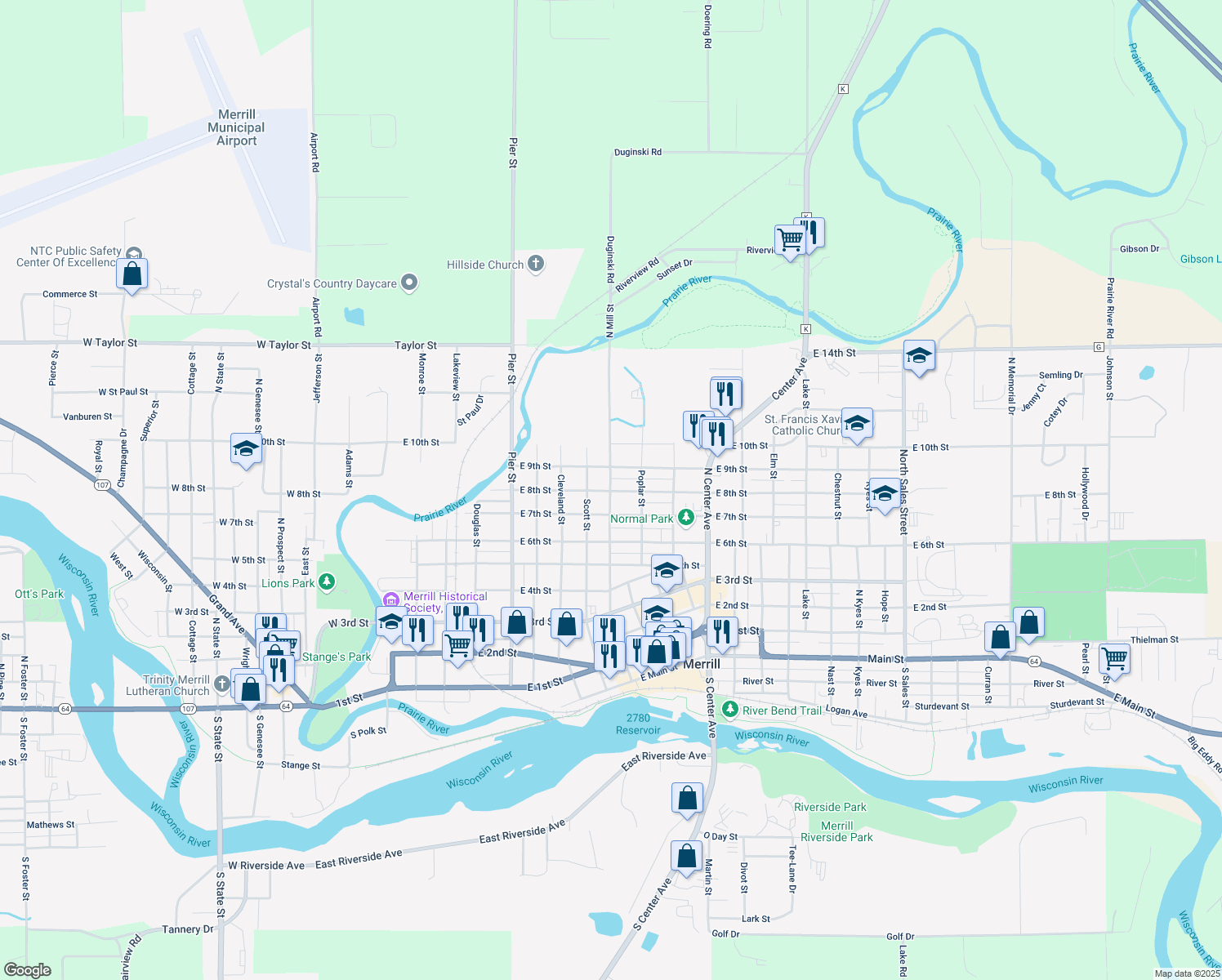 map of restaurants, bars, coffee shops, grocery stores, and more near 805 North Mill Street in Merrill