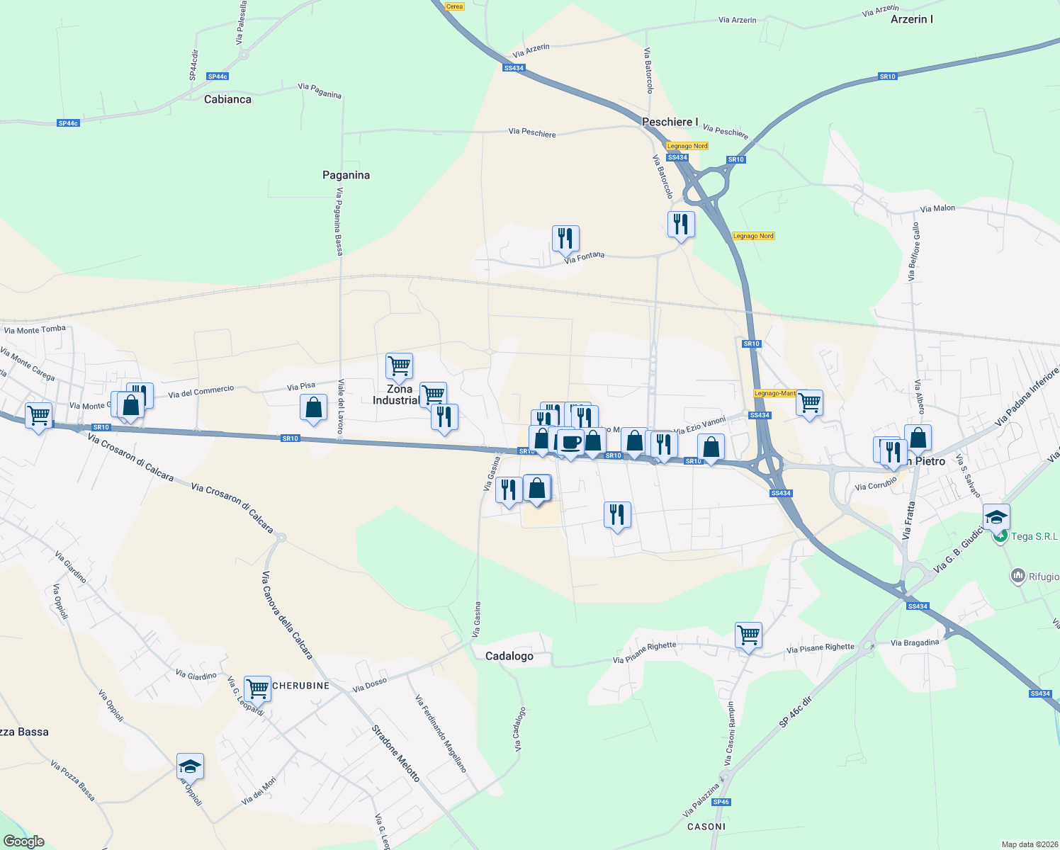 map of restaurants, bars, coffee shops, grocery stores, and more near 3 Via Luigi Soave in Legnago