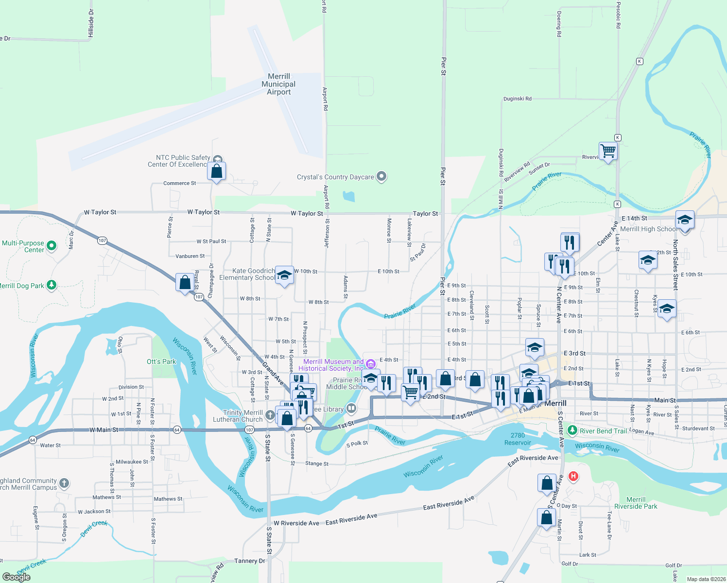 map of restaurants, bars, coffee shops, grocery stores, and more near 901 Madison Street in Merrill