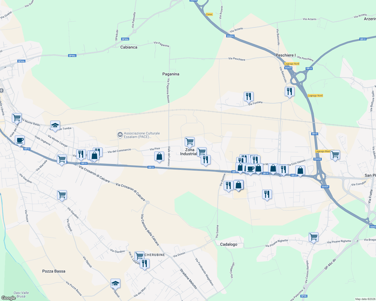 map of restaurants, bars, coffee shops, grocery stores, and more near 1A Via Torino in Zona Industriale
