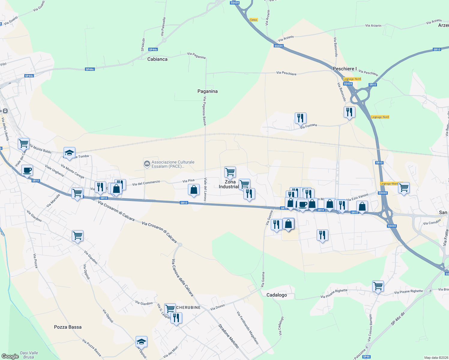 map of restaurants, bars, coffee shops, grocery stores, and more near 1A Via Torino in Zona Industriale