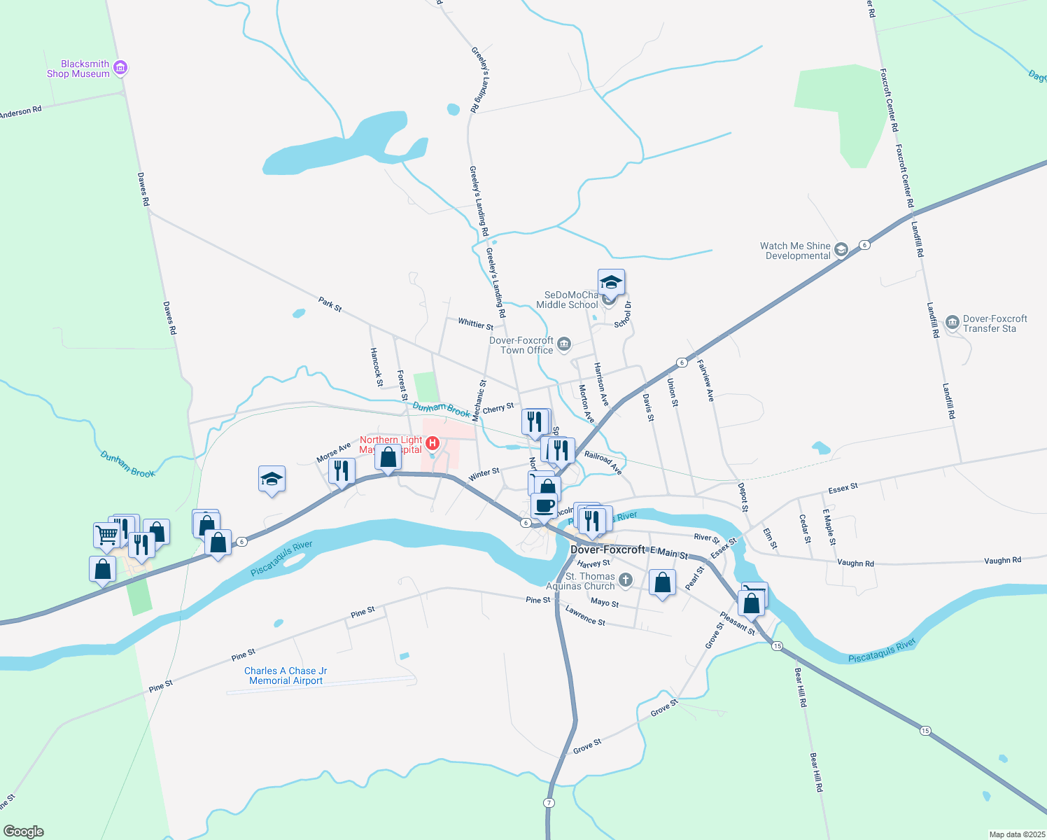 map of restaurants, bars, coffee shops, grocery stores, and more near 84 North Street in Dover-Foxcroft