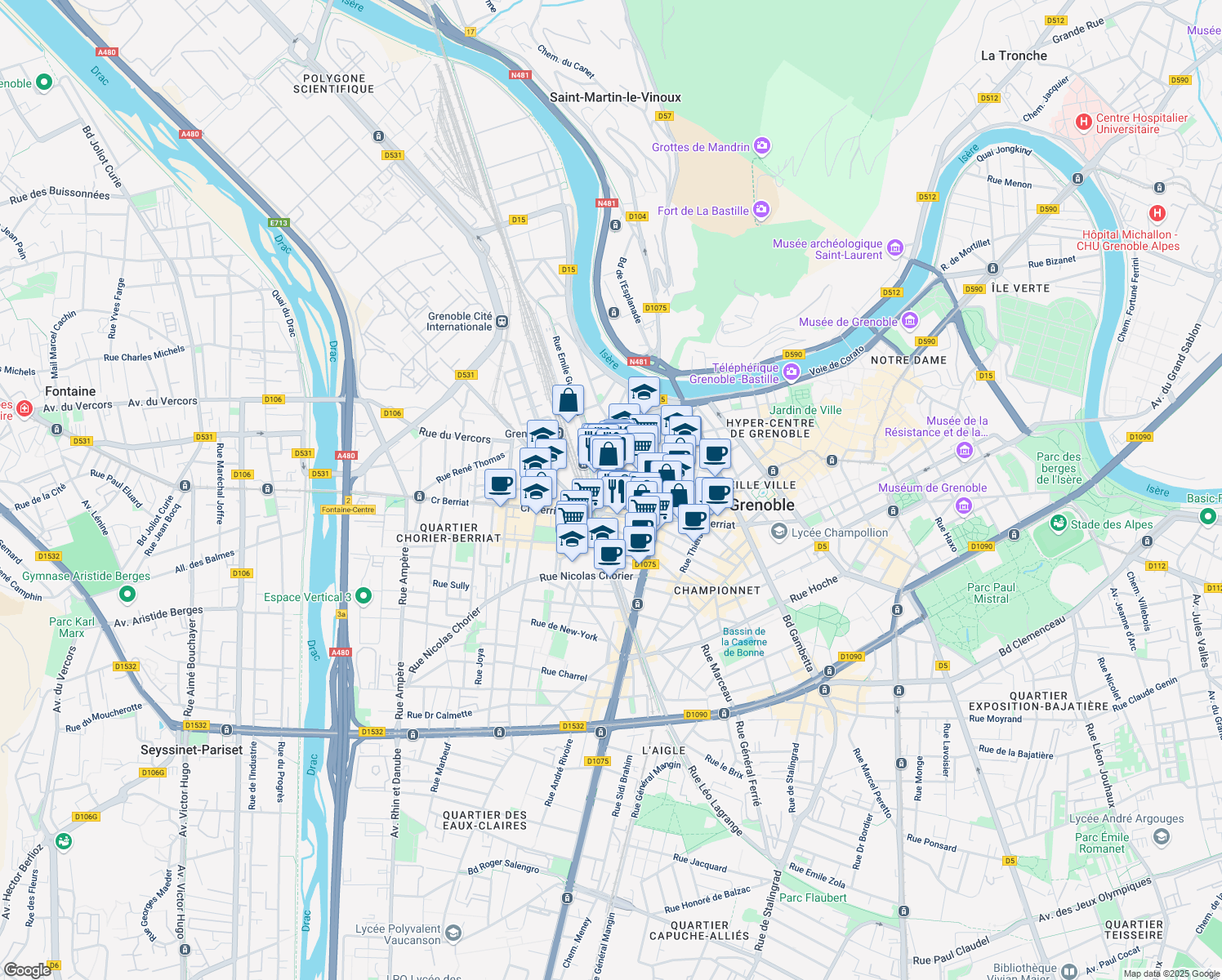 map of restaurants, bars, coffee shops, grocery stores, and more near 2 Square Roger Genin in Grenoble