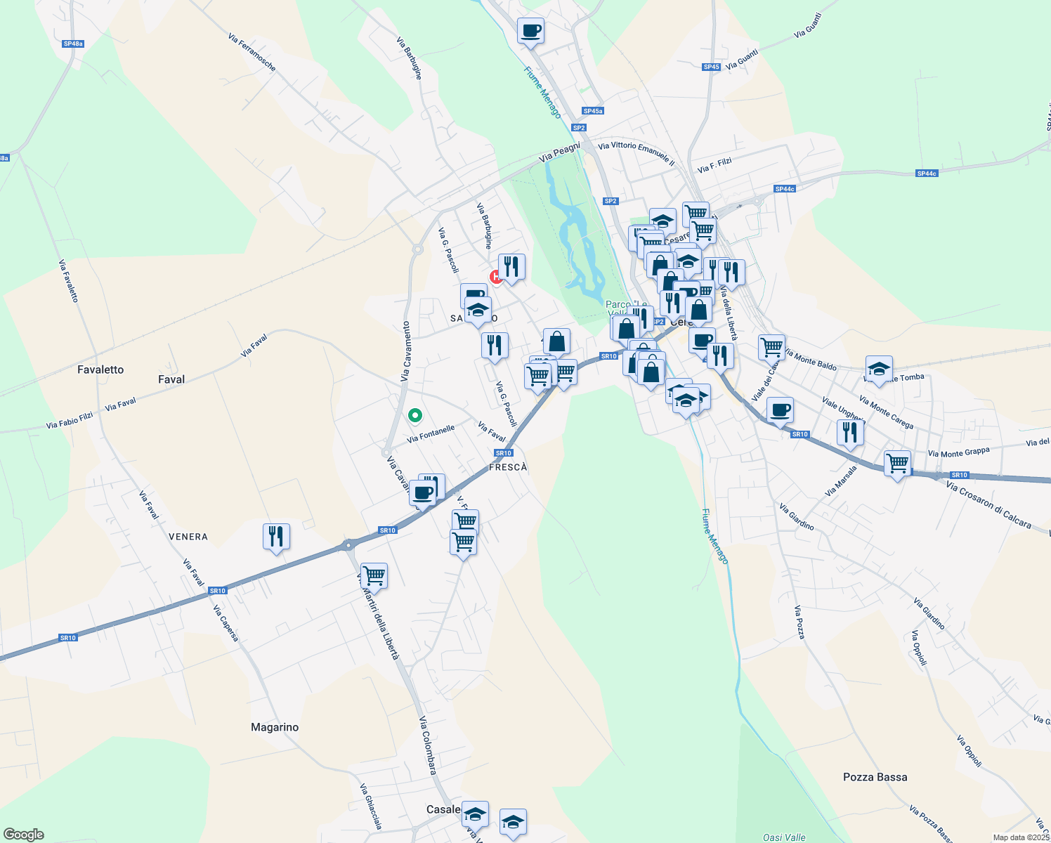 map of restaurants, bars, coffee shops, grocery stores, and more near 96 Via Mantova in Cerea