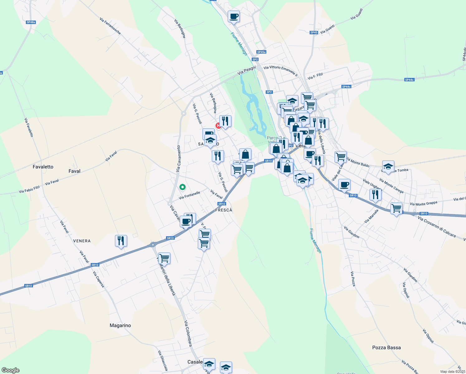 map of restaurants, bars, coffee shops, grocery stores, and more near 96 Via Mantova in Cerea