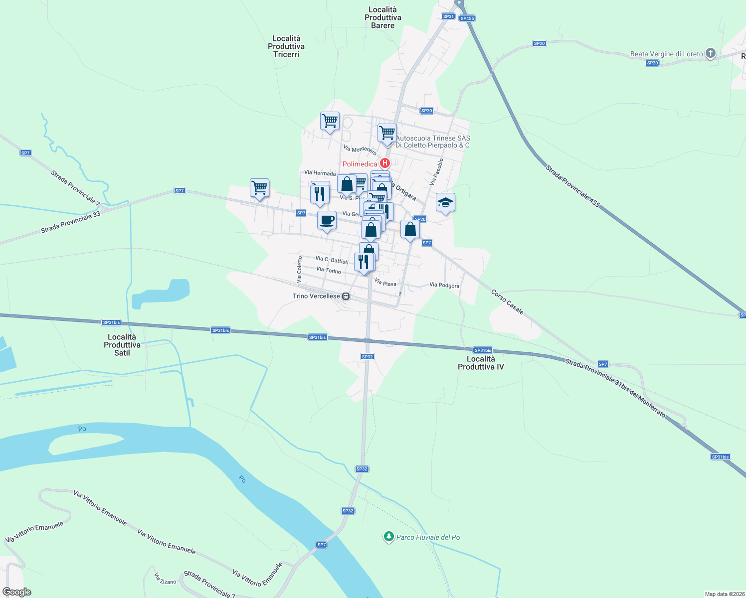 map of restaurants, bars, coffee shops, grocery stores, and more near 1D Via Trieste in Trino