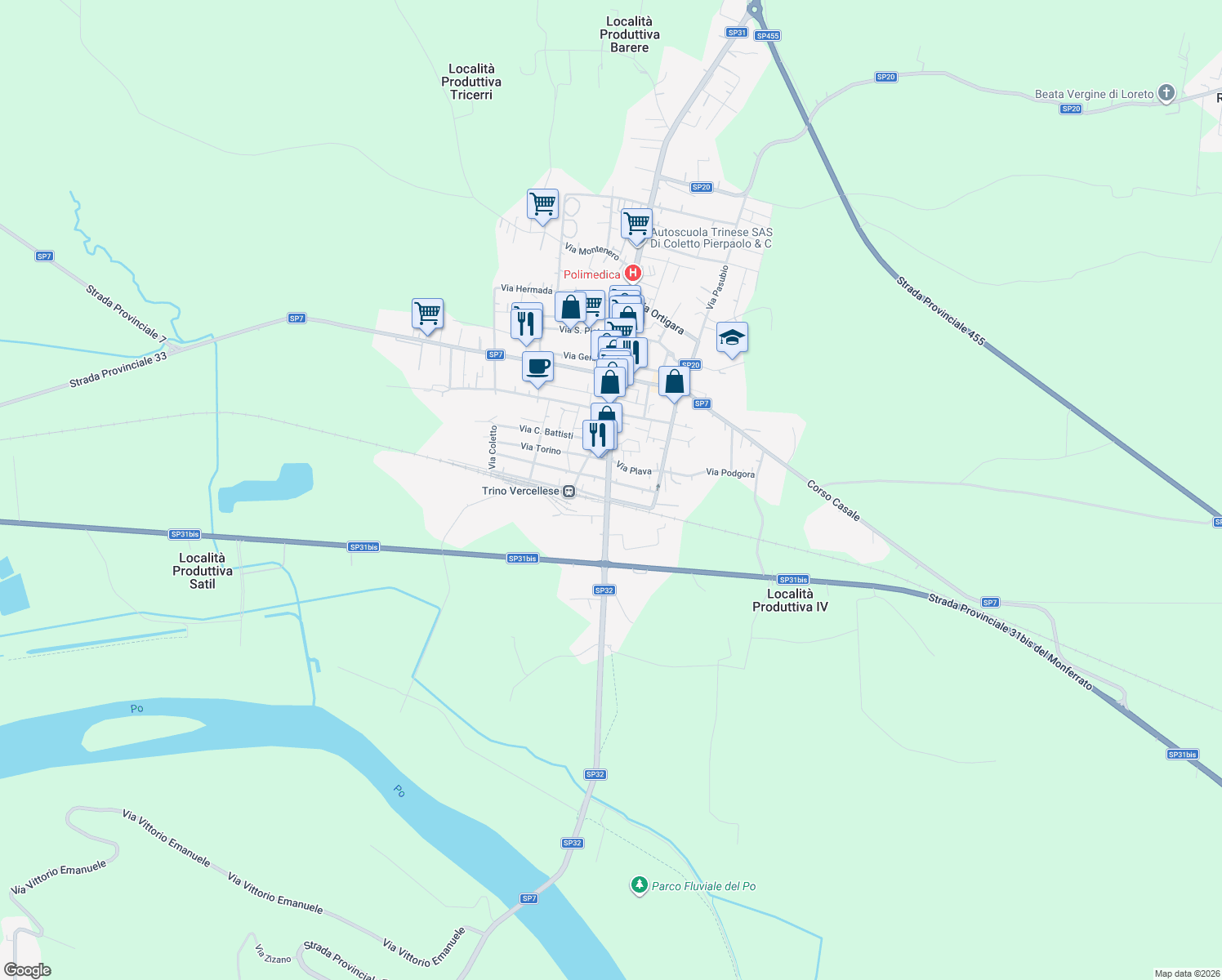 map of restaurants, bars, coffee shops, grocery stores, and more near 1D Via Trieste in Trino