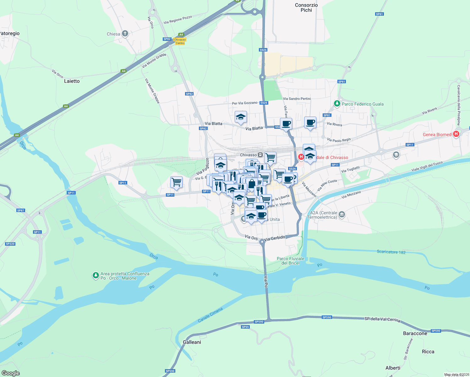 map of restaurants, bars, coffee shops, grocery stores, and more near 74C Via Torino in Chivasso