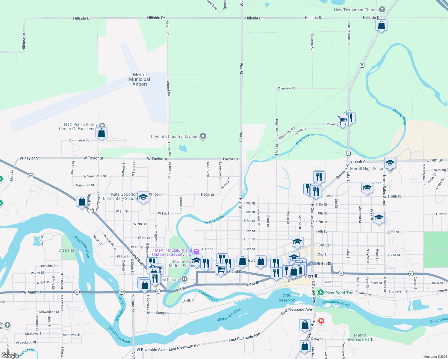map of restaurants, bars, coffee shops, grocery stores, and more near 1010 Saint Paul Drive in Merrill