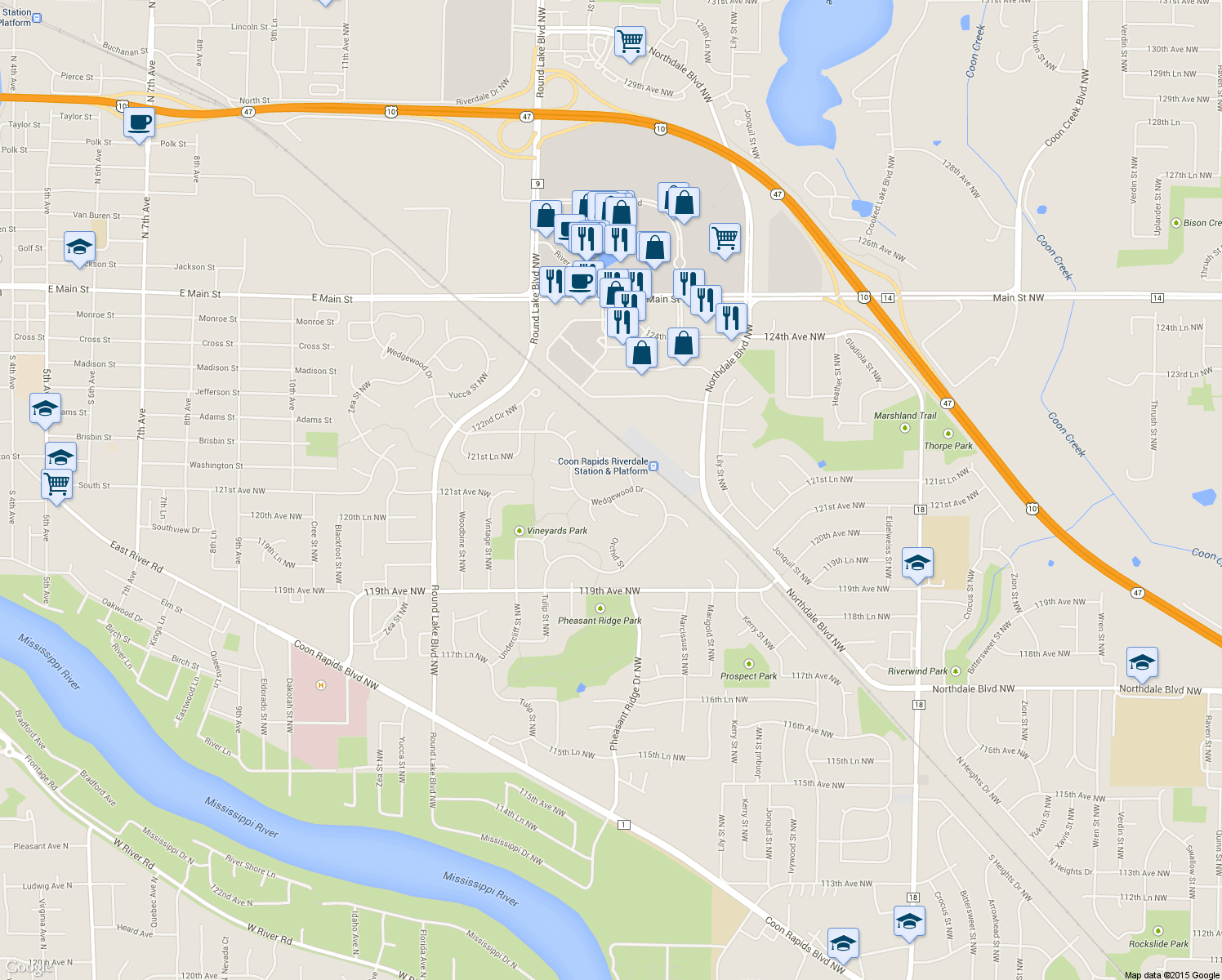 map of restaurants, bars, coffee shops, grocery stores, and more near 12033 Wedgewood Drive Northwest in Coon Rapids