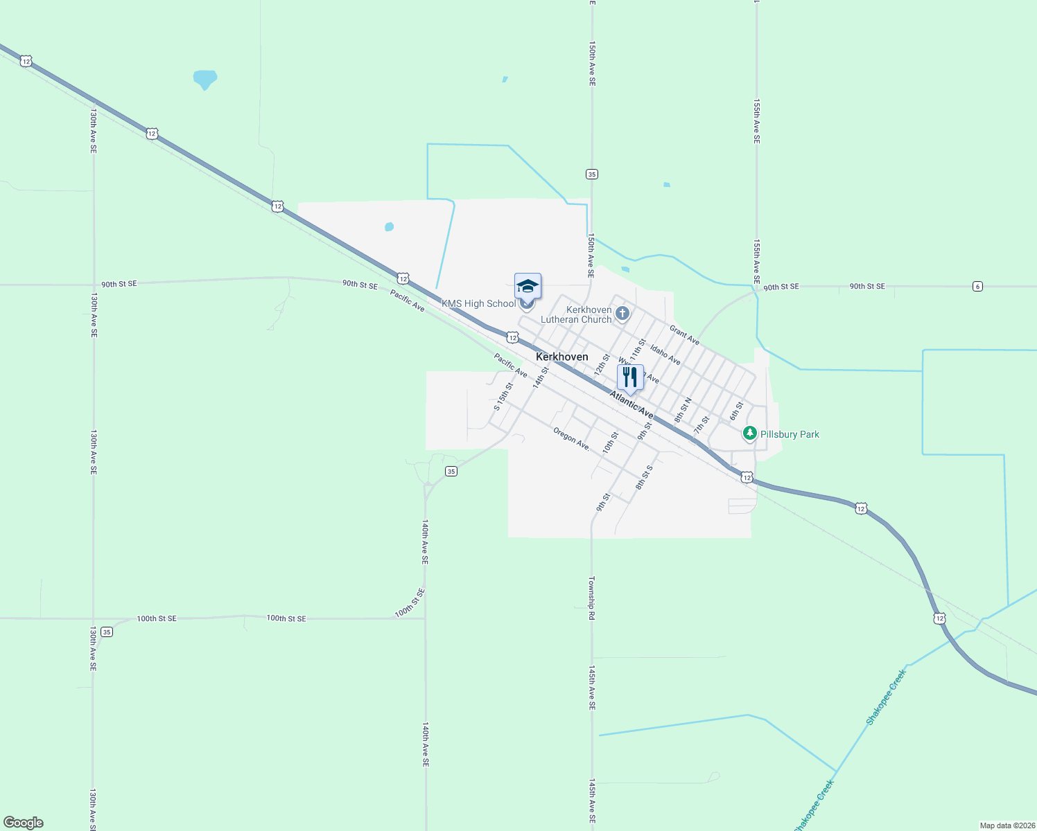map of restaurants, bars, coffee shops, grocery stores, and more near 302 14th Street in Kerkhoven
