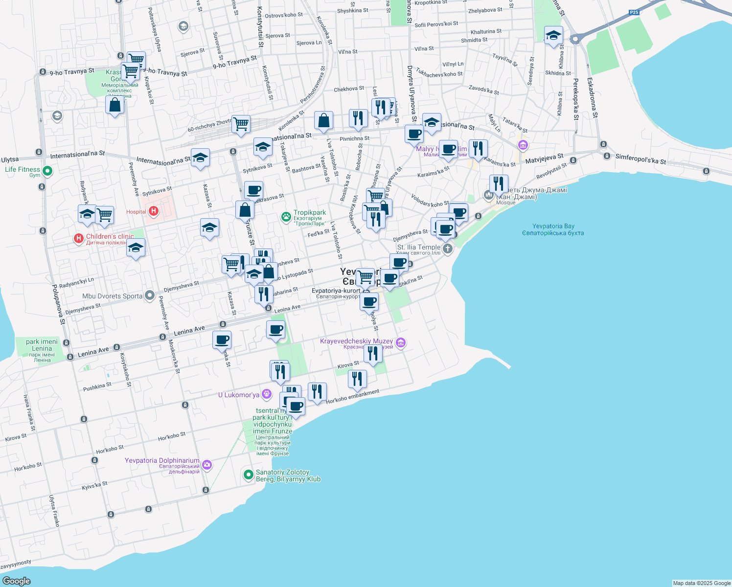 map of restaurants, bars, coffee shops, grocery stores, and more near in Yevpatoriya