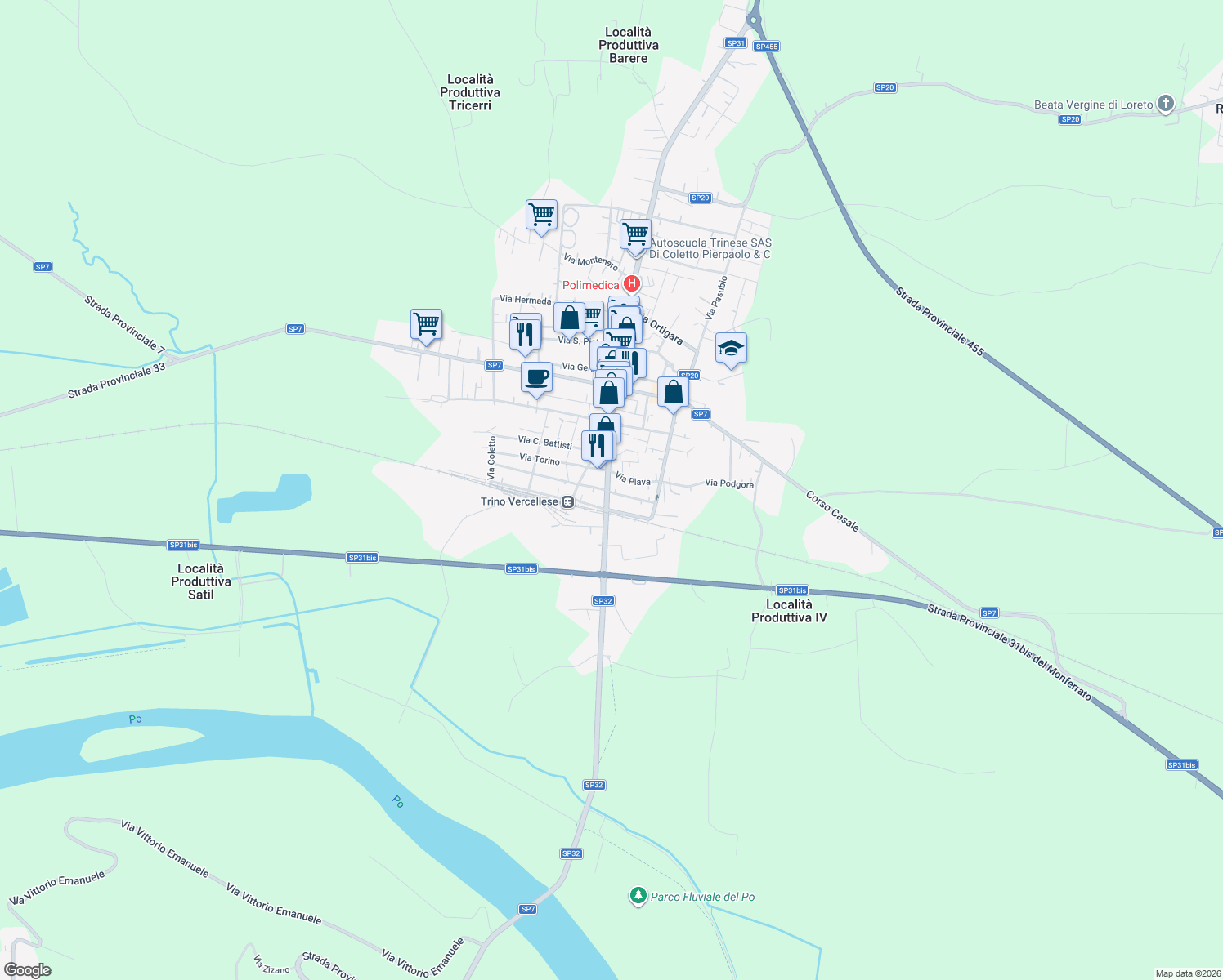 map of restaurants, bars, coffee shops, grocery stores, and more near 1D Via Trieste in Trino