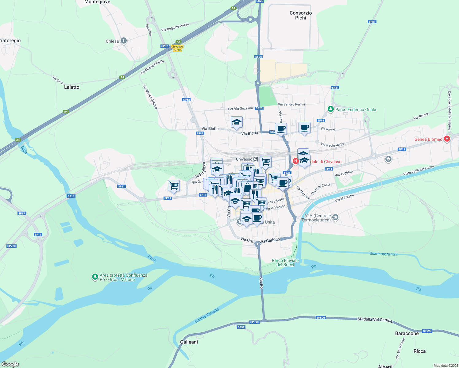 map of restaurants, bars, coffee shops, grocery stores, and more near 74C Via Torino in Chivasso