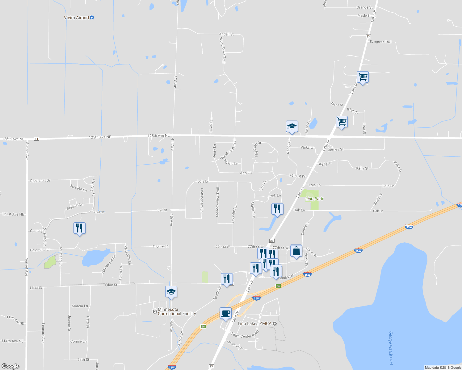 map of restaurants, bars, coffee shops, grocery stores, and more near 564 Lois Lane in Lino Lakes
