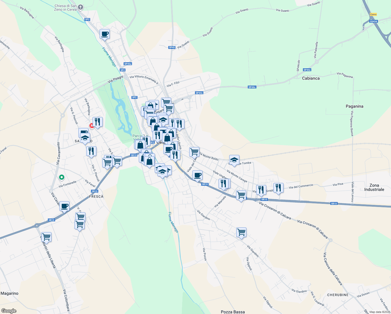 map of restaurants, bars, coffee shops, grocery stores, and more near 20 Via Giacomo Puccini in Cerea