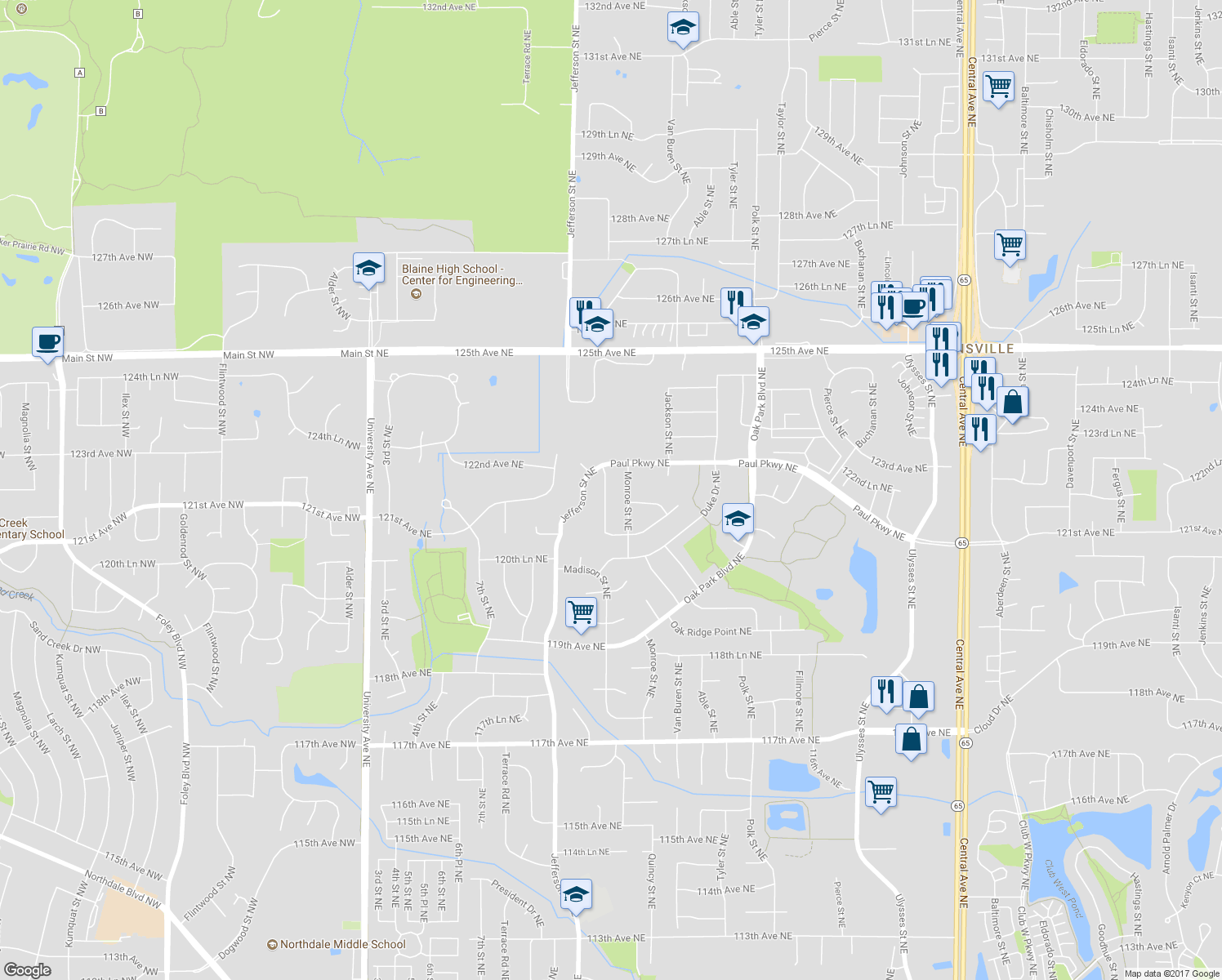 map of restaurants, bars, coffee shops, grocery stores, and more near 12209 Madison Street Northeast in Blaine