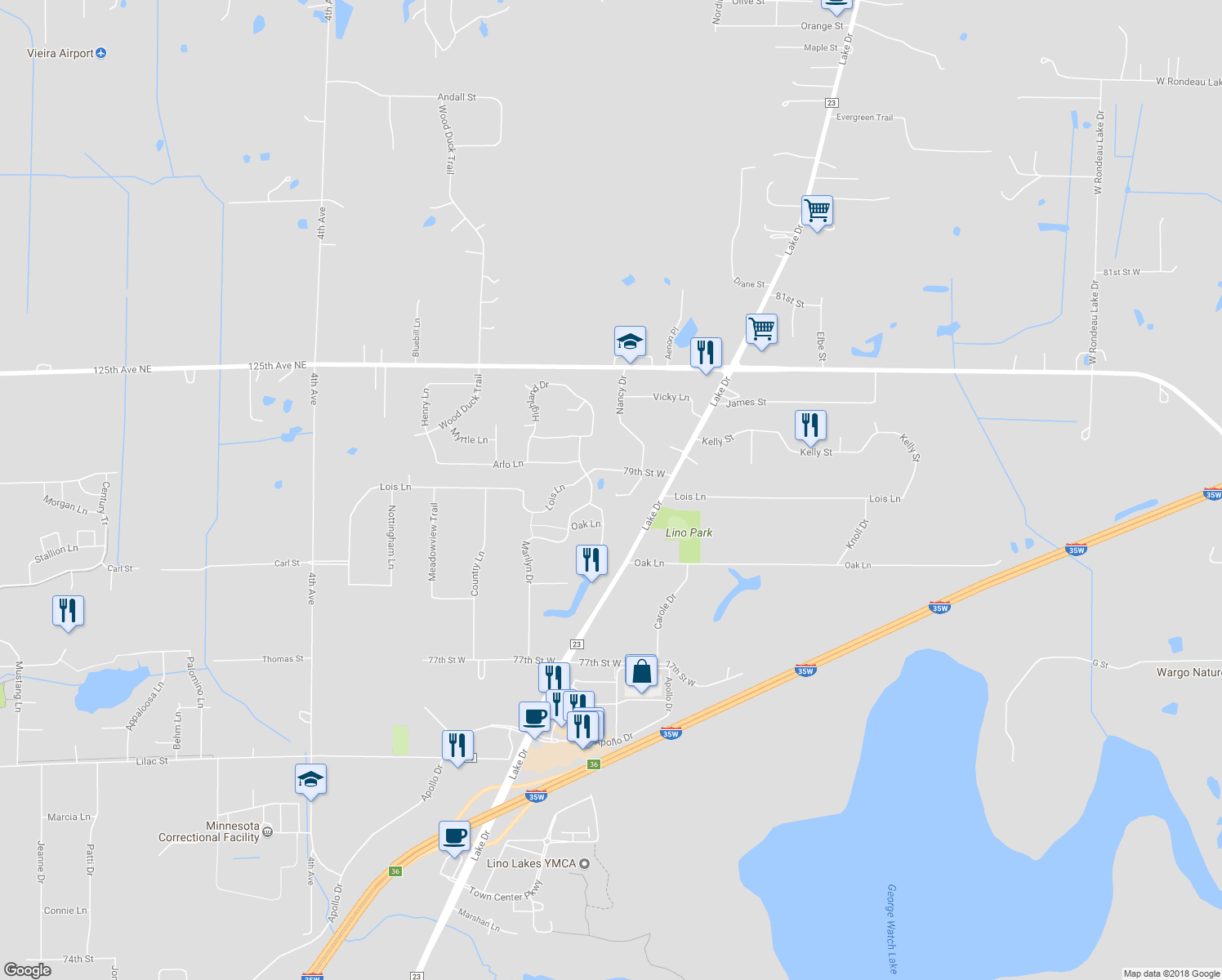 map of restaurants, bars, coffee shops, grocery stores, and more near 7859 Nancy Court in Lino Lakes