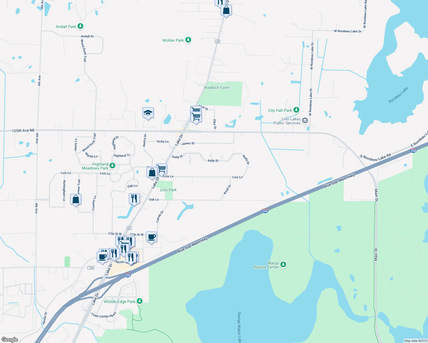 map of restaurants, bars, coffee shops, grocery stores, and more near 923 Lois Lane in Lino Lakes