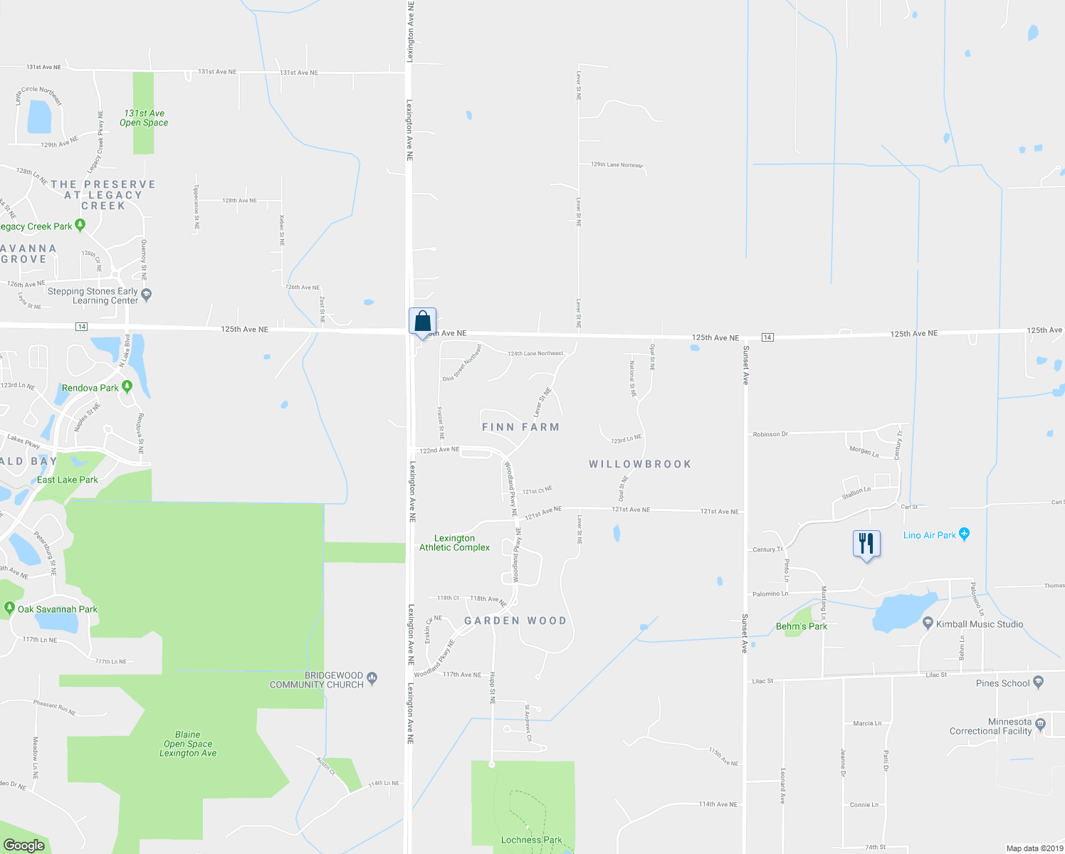 map of restaurants, bars, coffee shops, grocery stores, and more near 13101 Lever Street Northeast in Blaine