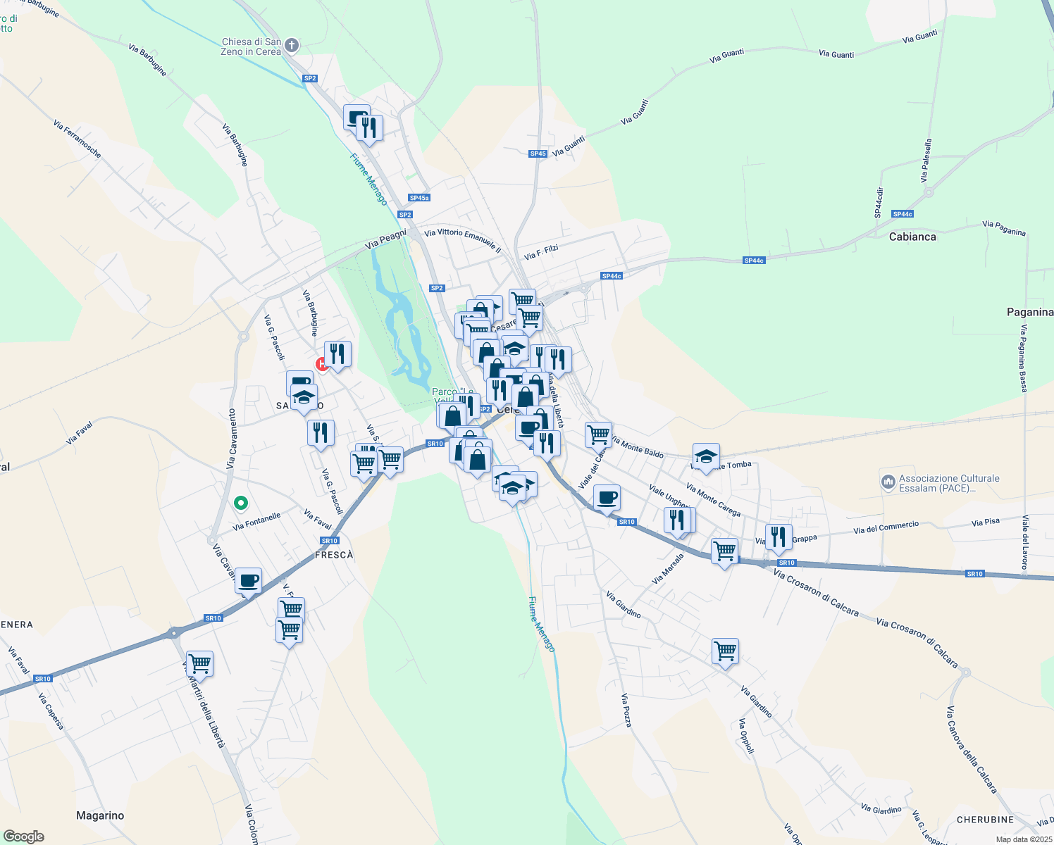 map of restaurants, bars, coffee shops, grocery stores, and more near 5 Via Borghetto in Cerea