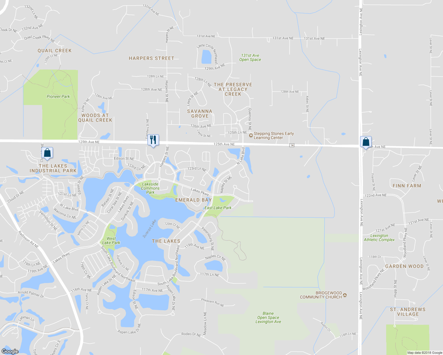 map of restaurants, bars, coffee shops, grocery stores, and more near 12321 North Lake Boulevard in Blaine