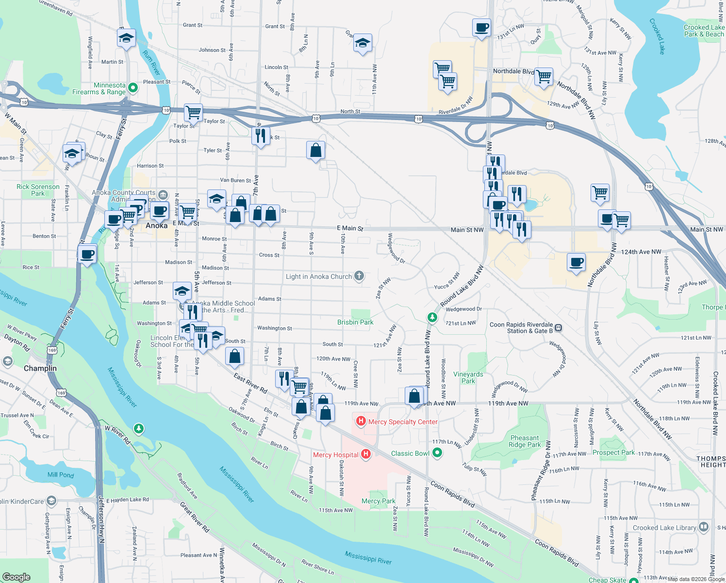 map of restaurants, bars, coffee shops, grocery stores, and more near 1038 Jefferson Street in Anoka