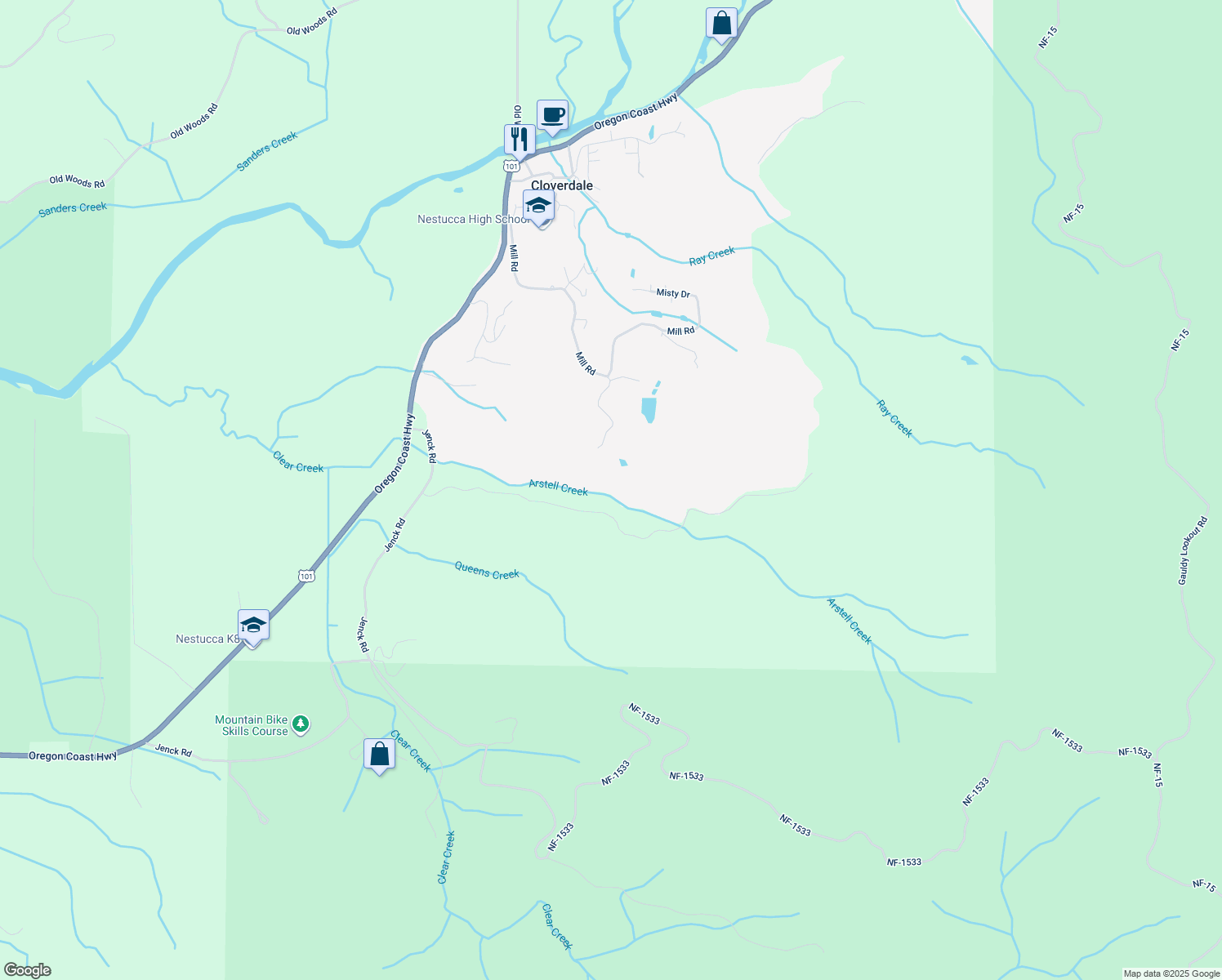 map of restaurants, bars, coffee shops, grocery stores, and more near in Cloverdale