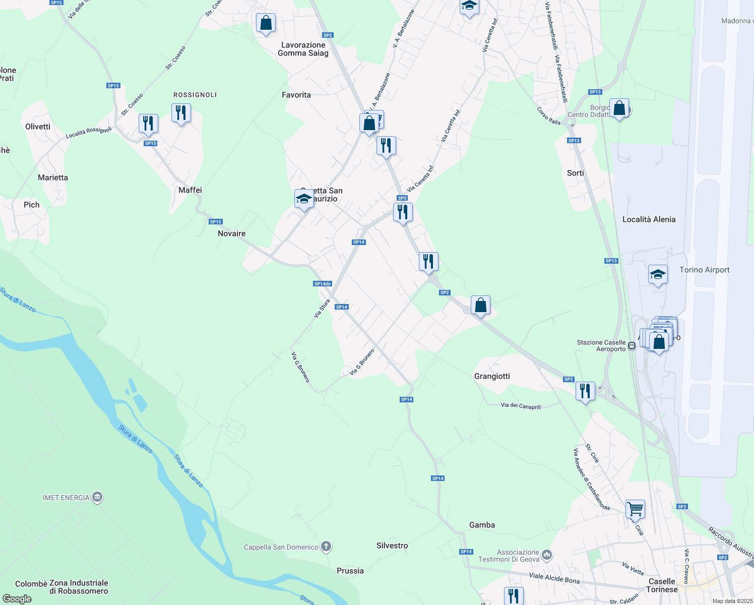map of restaurants, bars, coffee shops, grocery stores, and more near 175 Via G. Cubito in Città Metropolitana di Torino