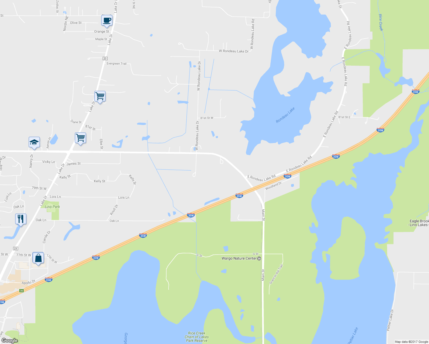 map of restaurants, bars, coffee shops, grocery stores, and more near 1266 Main Street in Hugo