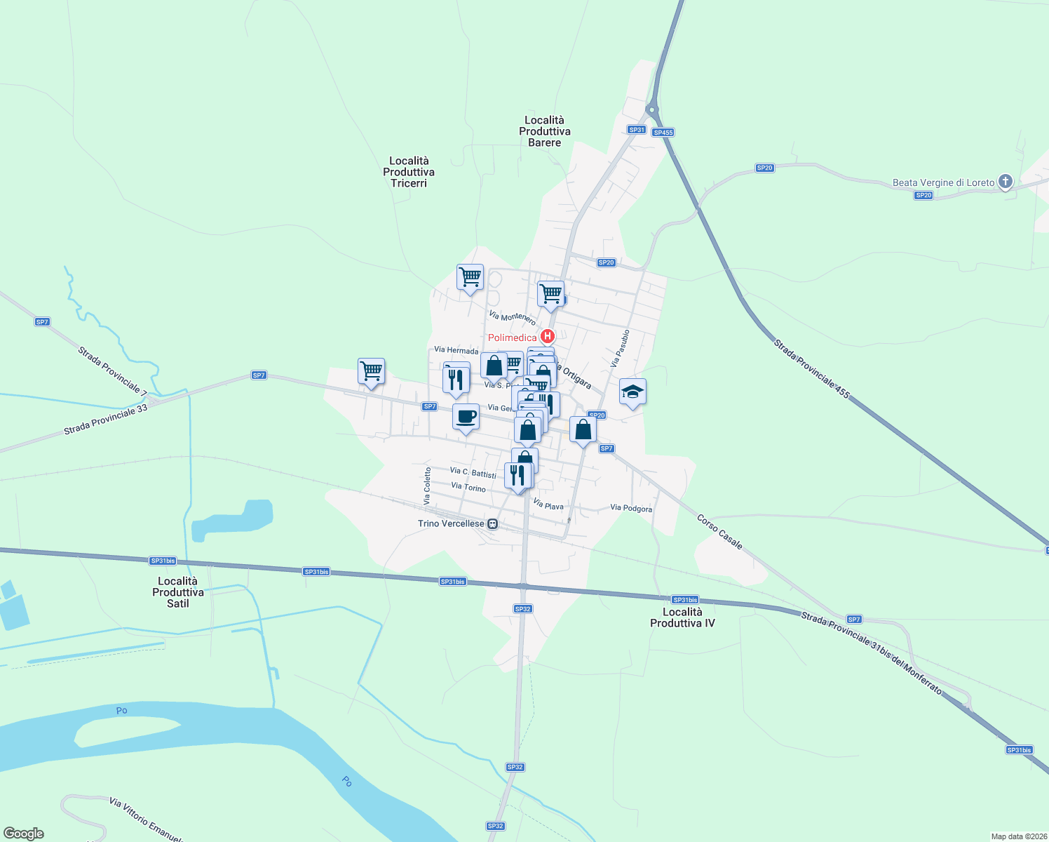 map of restaurants, bars, coffee shops, grocery stores, and more near in Trino
