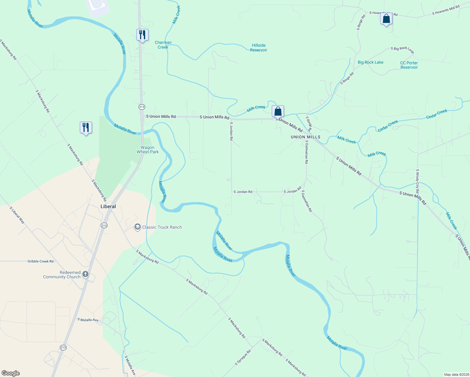 map of restaurants, bars, coffee shops, grocery stores, and more near 14745 South Jordan Road in Mulino