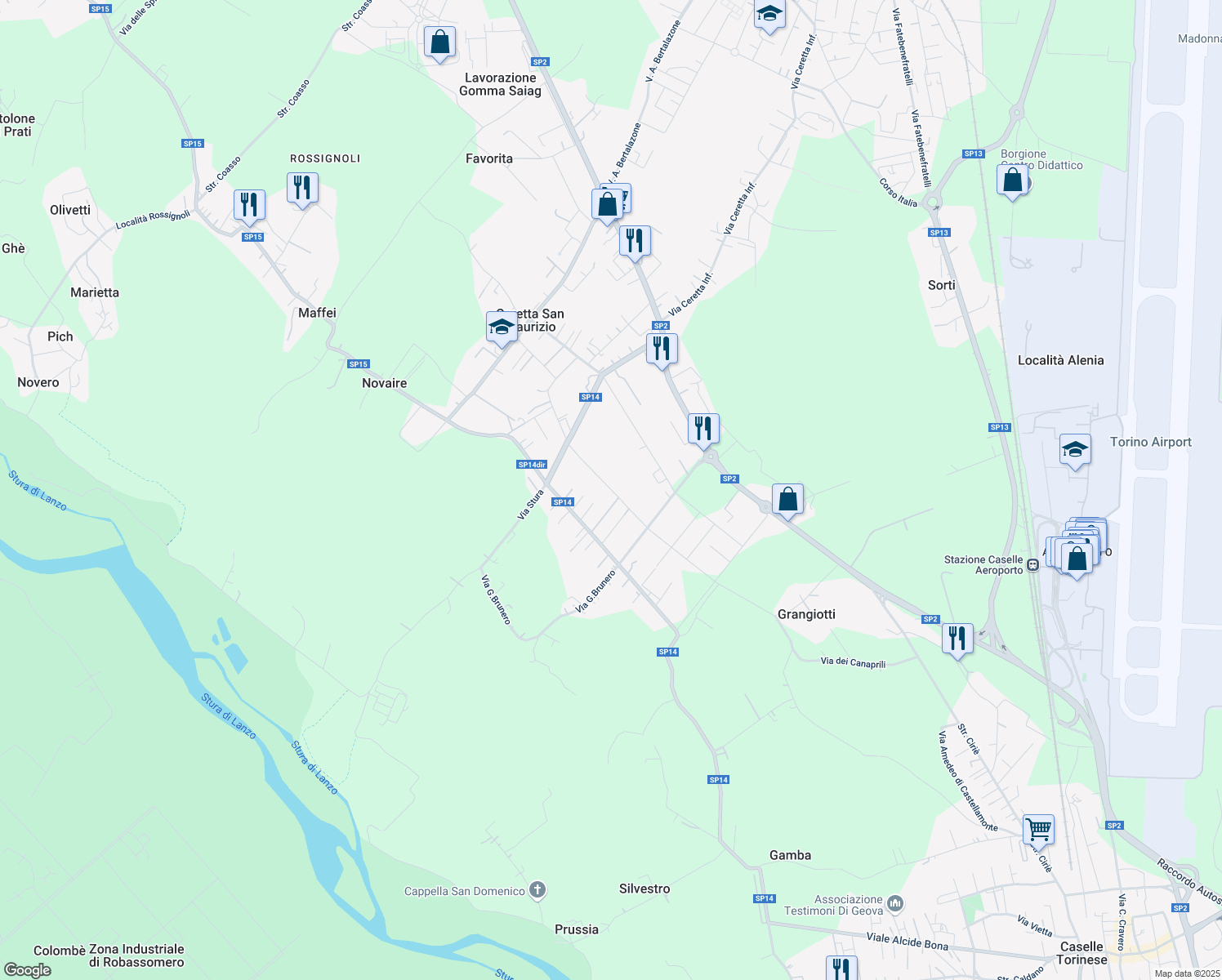 map of restaurants, bars, coffee shops, grocery stores, and more near 175 Via G. Cubito in Città Metropolitana di Torino