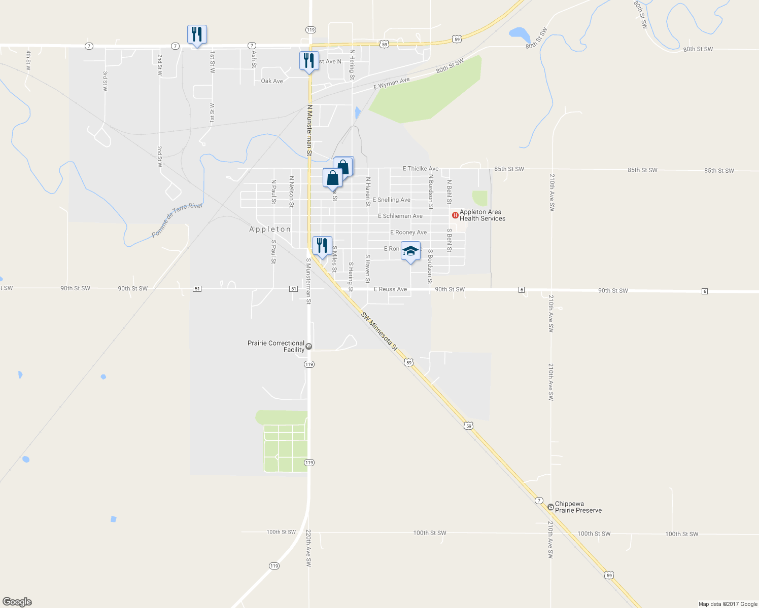 map of restaurants, bars, coffee shops, grocery stores, and more near 243 East Dahlstrom Avenue in Appleton
