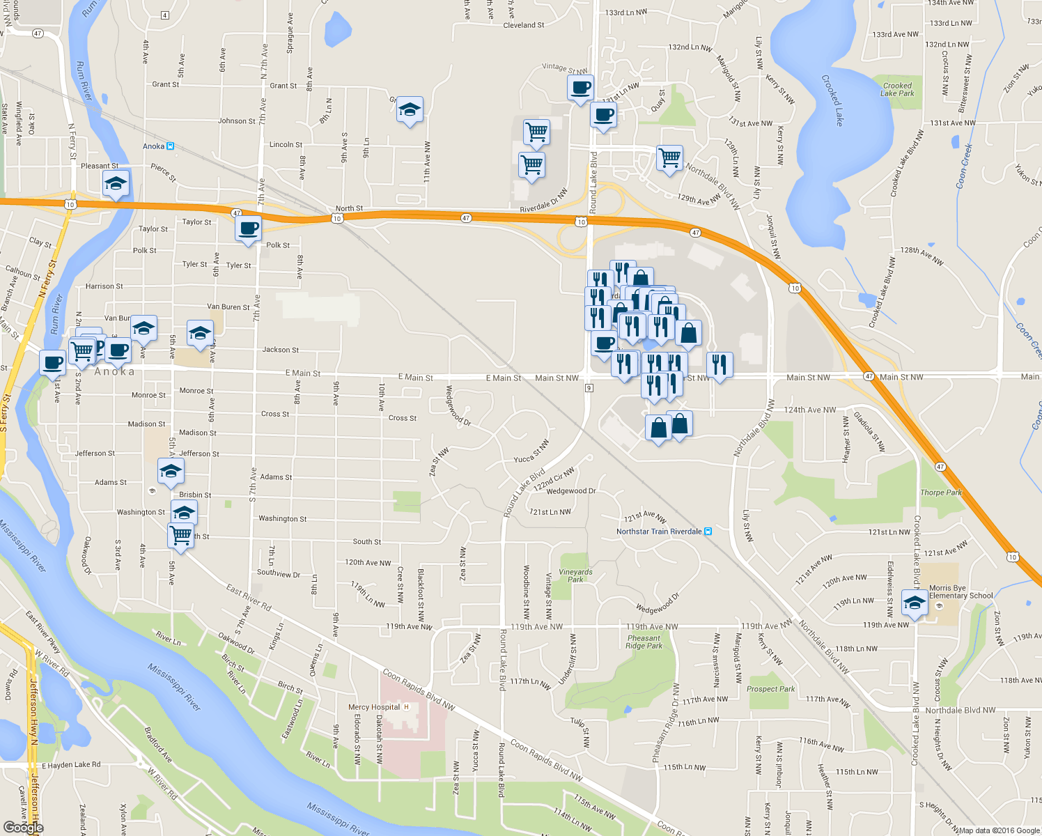 map of restaurants, bars, coffee shops, grocery stores, and more near 3724 123rd Ln NW in Coon Rapids