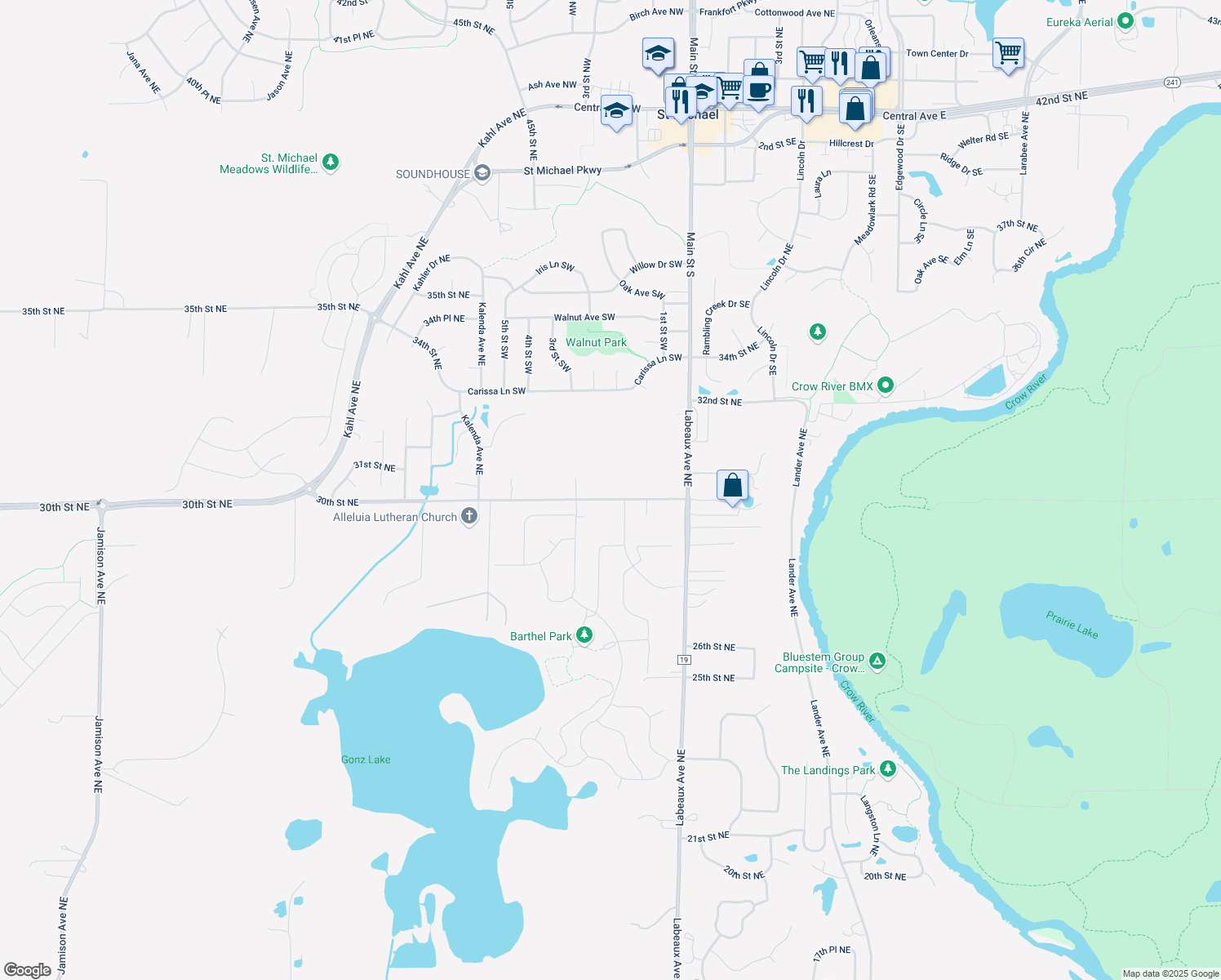 map of restaurants, bars, coffee shops, grocery stores, and more near 10800 30th Street Northeast in Saint Michael