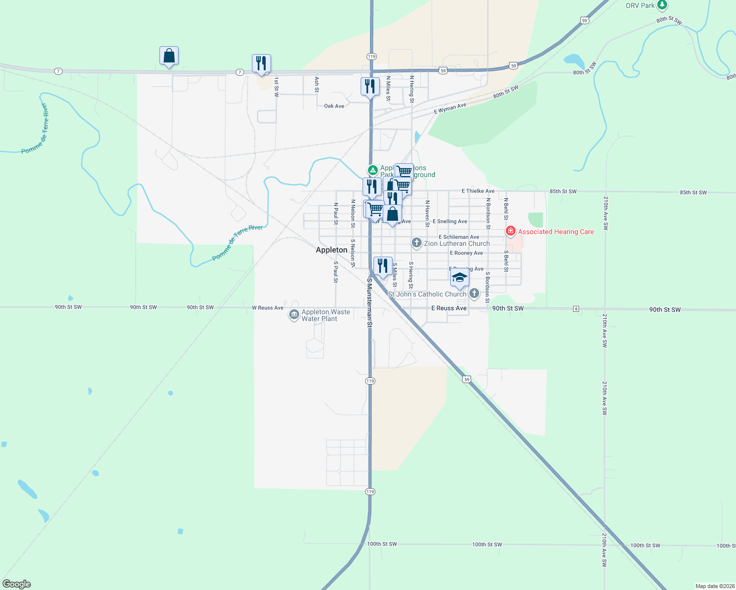 map of restaurants, bars, coffee shops, grocery stores, and more near 347 South Munsterman Street in Appleton