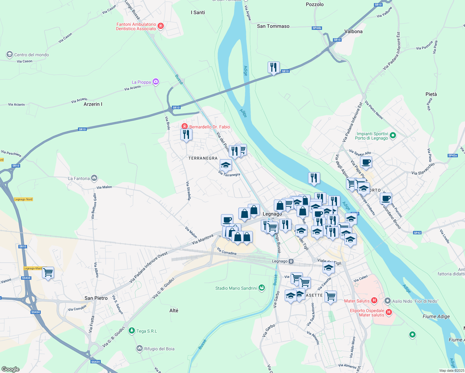 map of restaurants, bars, coffee shops, grocery stores, and more near 9 Via F. Petrarca in Legnago