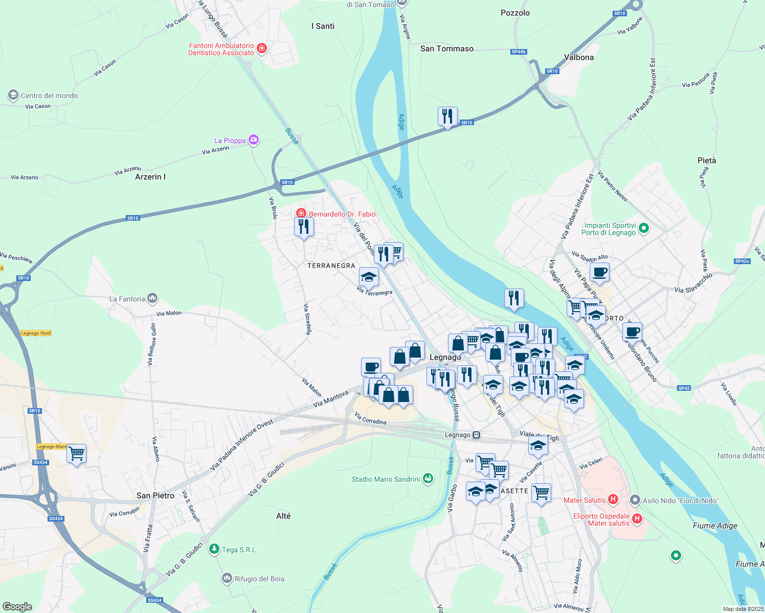 map of restaurants, bars, coffee shops, grocery stores, and more near 9 Via F. Petrarca in Legnago