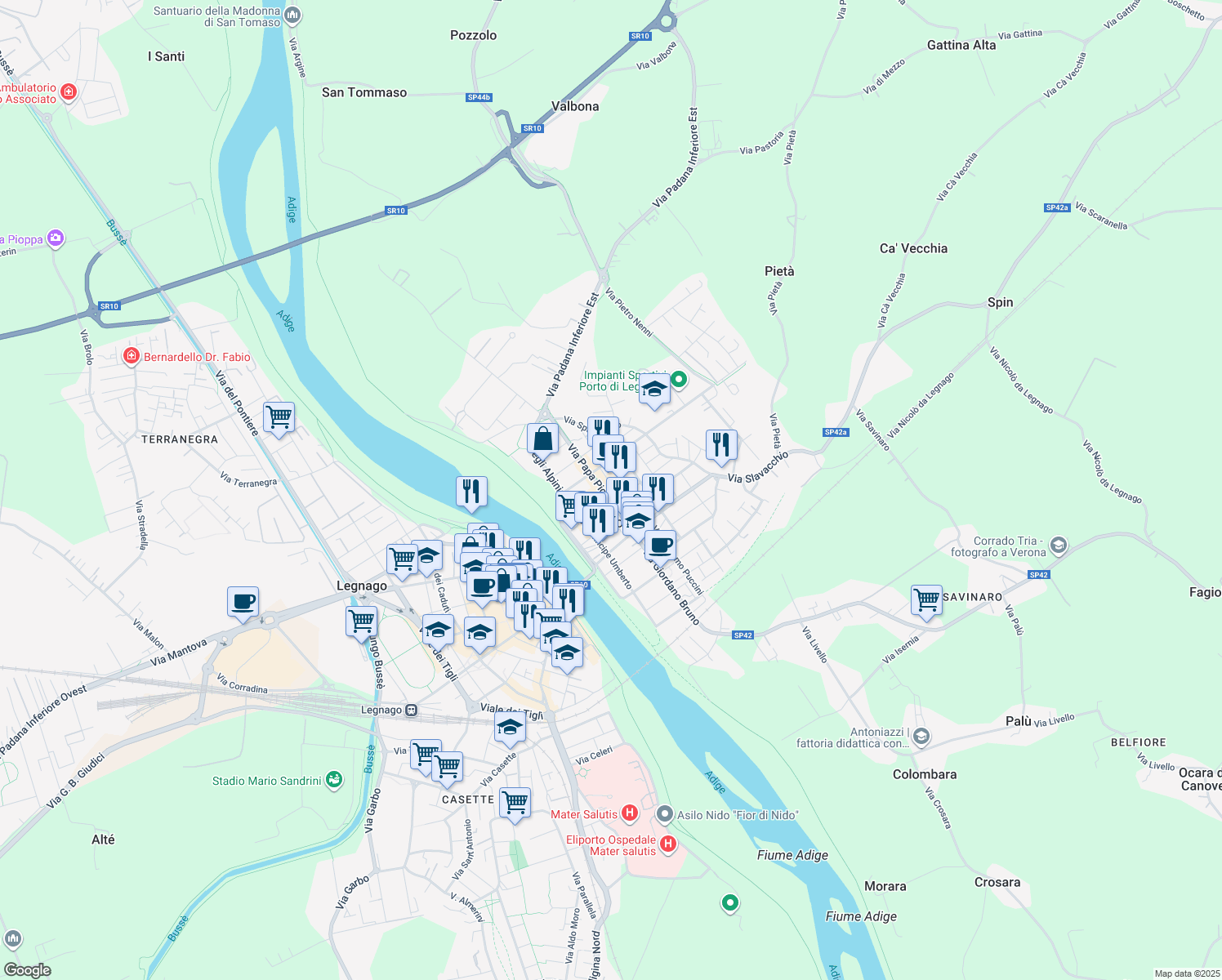 map of restaurants, bars, coffee shops, grocery stores, and more near 18 Via Nino Bixio in Legnago